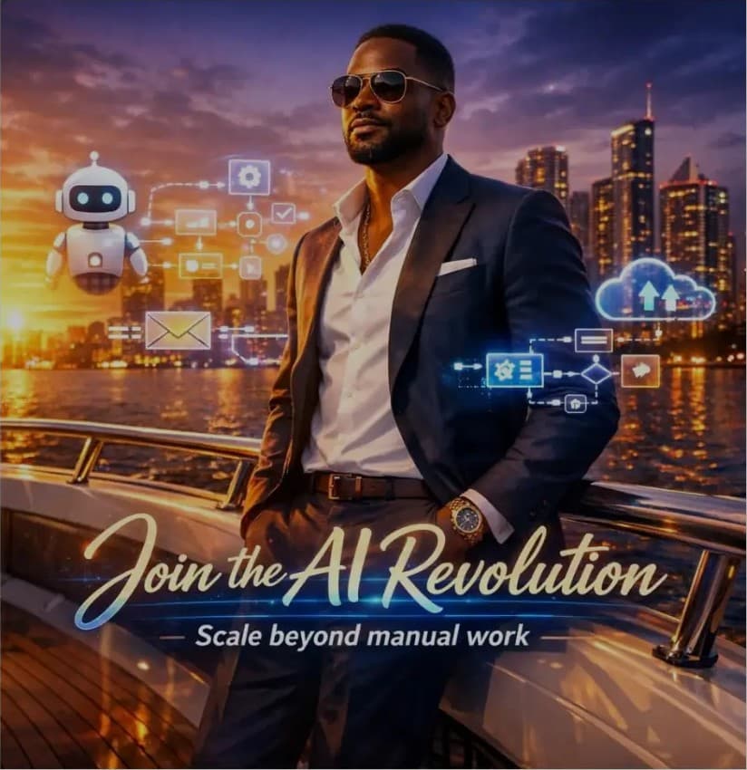Campaign creative: an operator on a waterfront at sunset with AI workflow icons