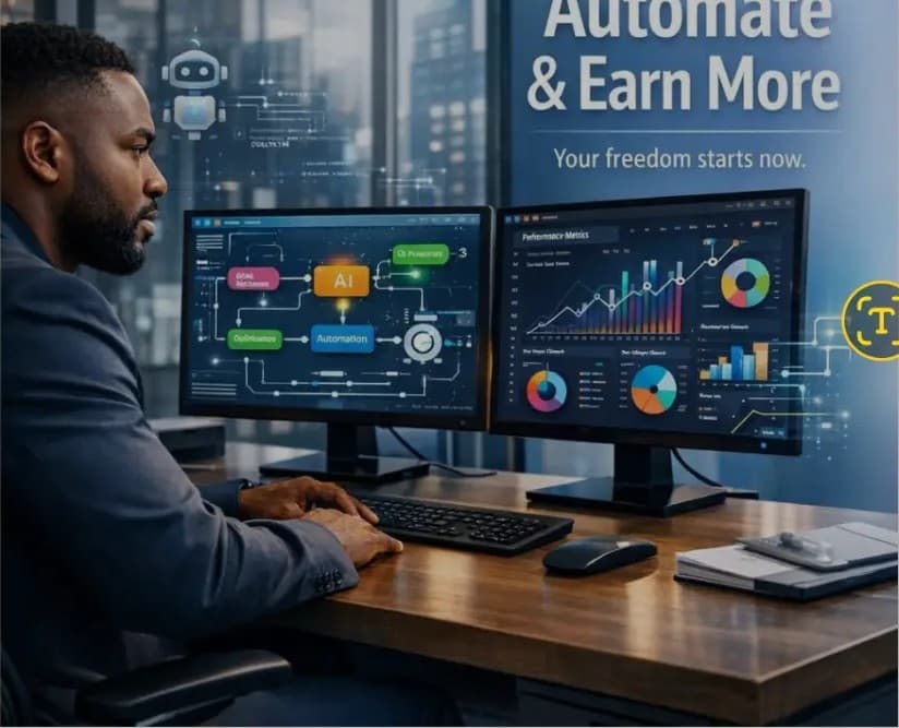 Campaign creative: an operator at a dual-monitor desk running automation dashboards