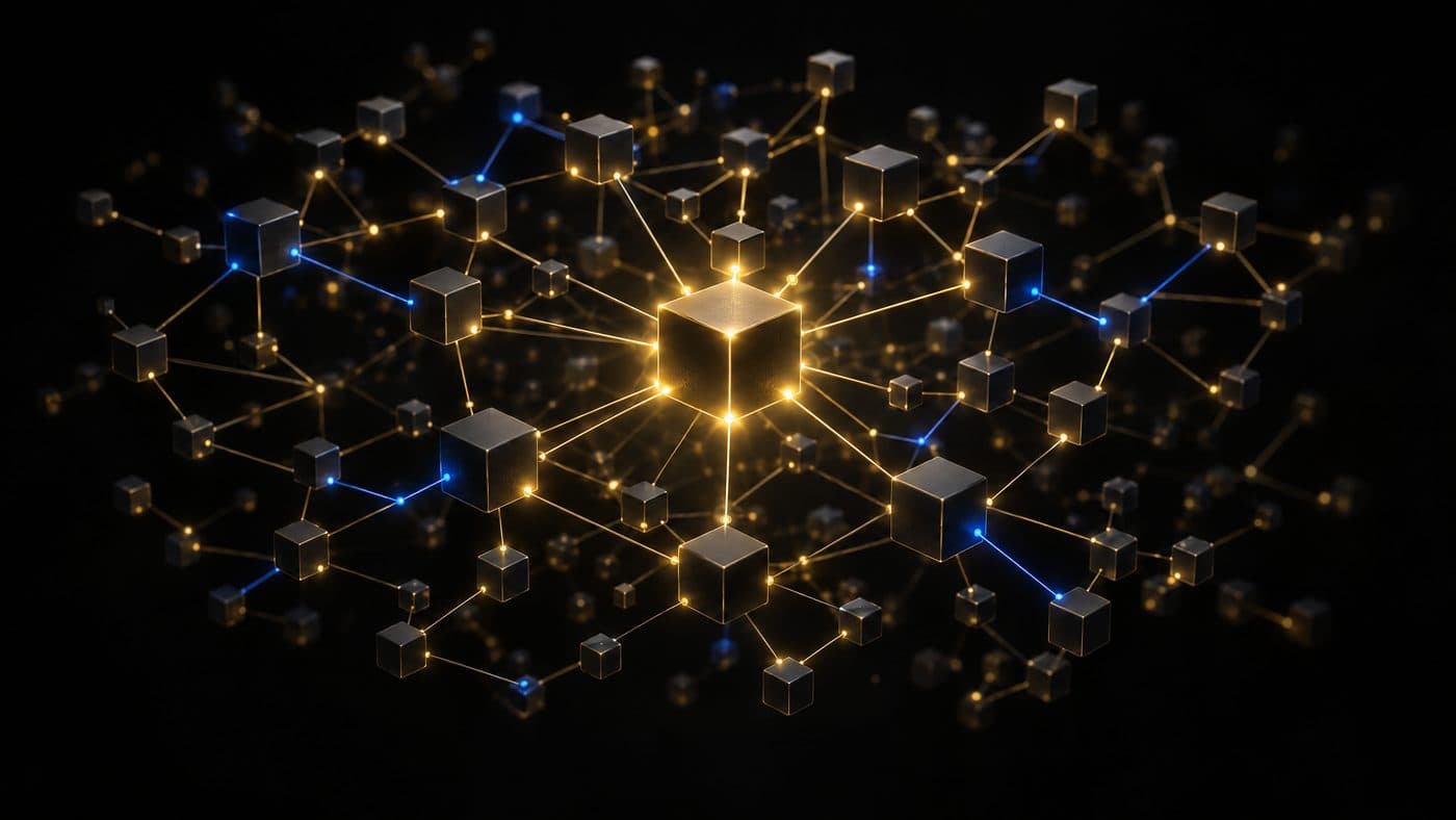 An abstract network of cloud nodes connected by glowing gold links